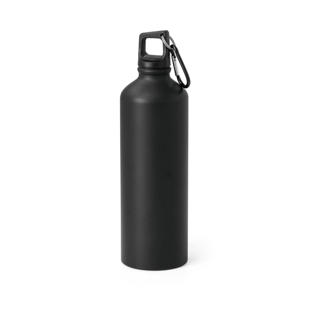 Squeeze em alumínio com acabamento mate (800 ml) e mosquetão na cor Preto, personalizado com a logo da empresa