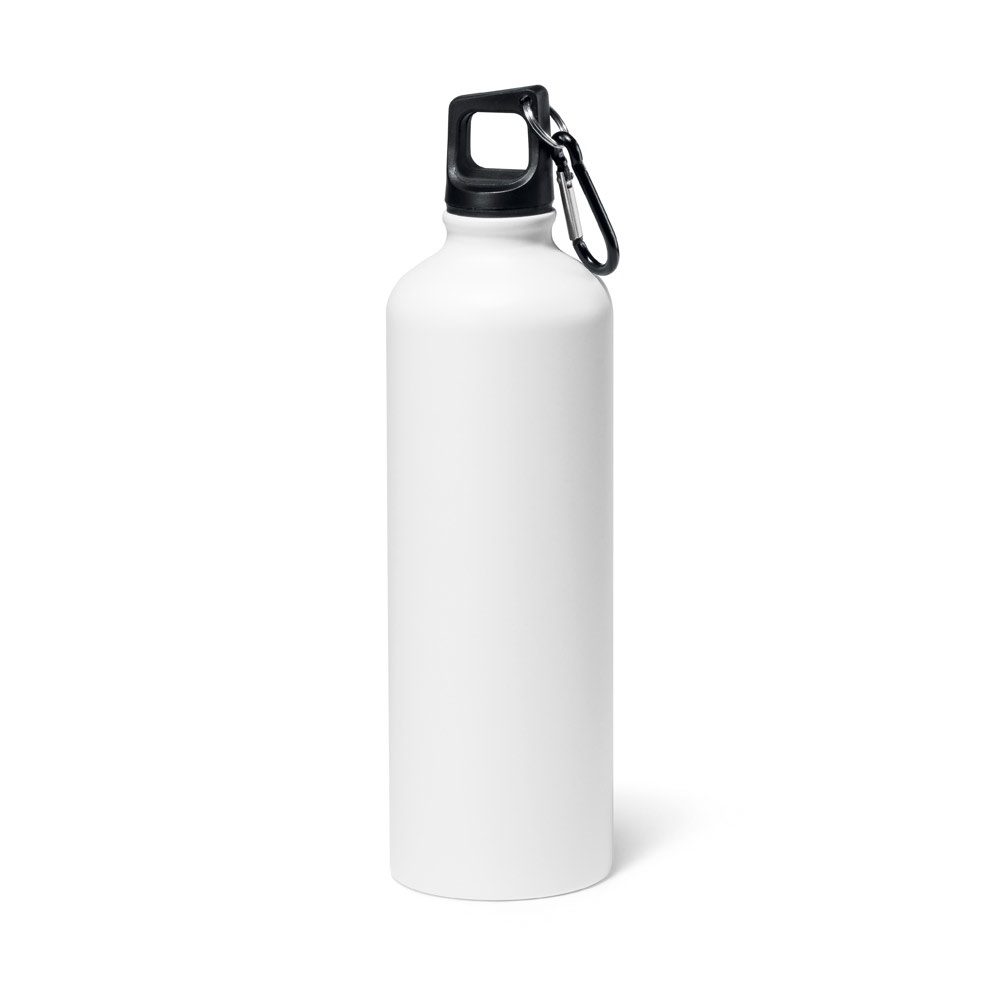 Squeeze em alumínio com acabamento mate (800 ml) e mosquetão personalizado com a logo da empresa, na cor branco