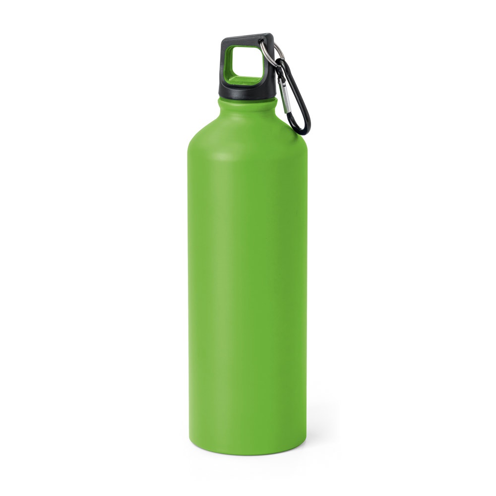Squeeze em alumínio com acabamento mate (800 ml) e mosquetão personalizado com a logo da empresa, na cor verde claro
