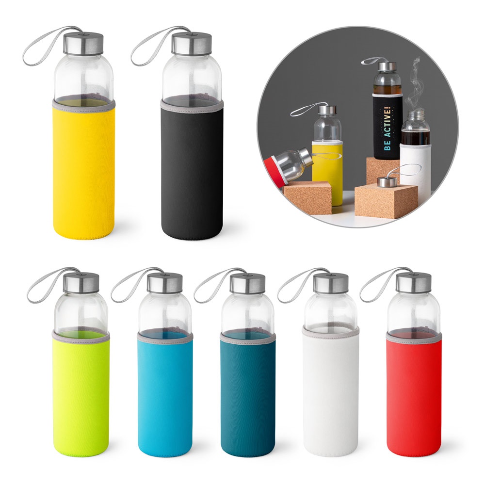 Squeeze em vidro e tampa em aço inox com alça (520 ml) personalizado com a logo da empresa