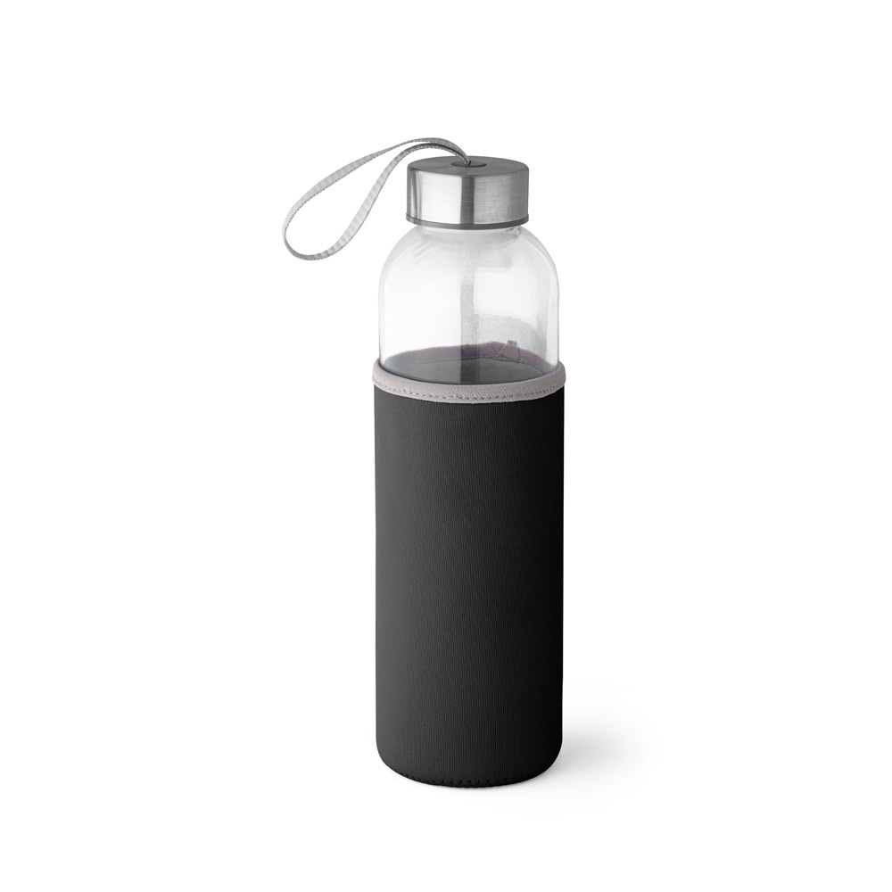 Squeeze em vidro e tampa em aço inox com alça (520 ml) na cor Preto, personalizado com a logo da empresa