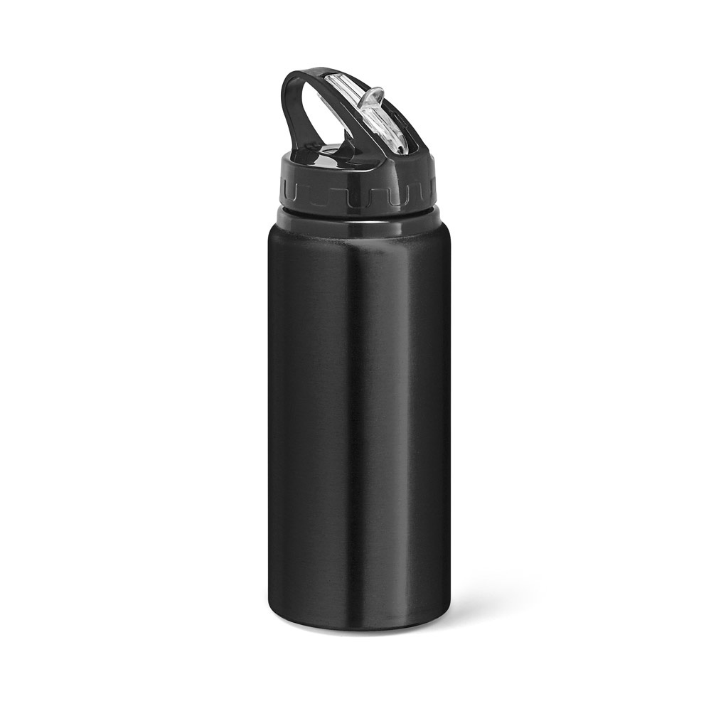 Squeeze em alumínio 670 ml com bico flip e canudo na cor Preto, personalizado com a logo da empresa