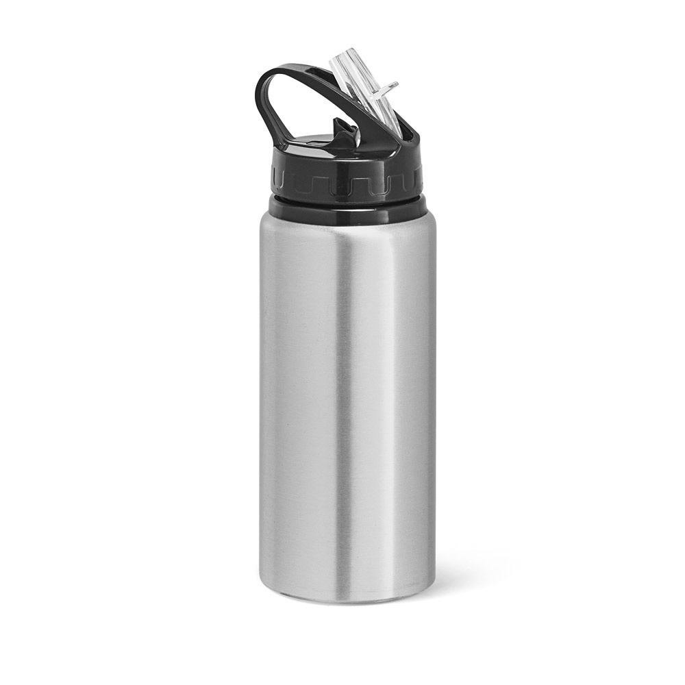 Squeeze em alumínio 670 ml com bico flip e canudo personalizado com a logo da empresa, na cor cromado satinado