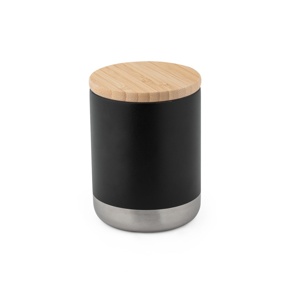 Copo de viagem térmico em aço inox 370 ml com tampa em bambu na cor Preto, personalizado com a logo da empresa