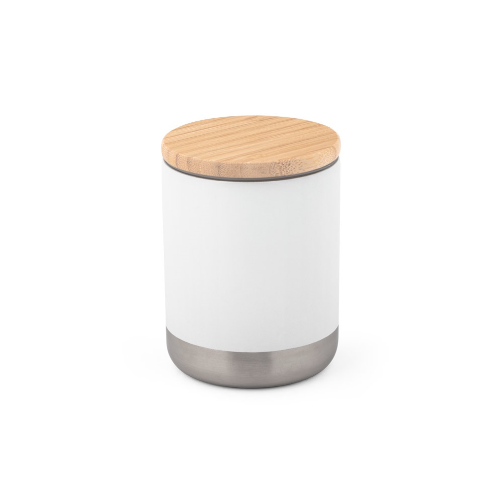 Copo de viagem térmico em aço inox 370 ml com tampa em bambu personalizado com a logo da empresa, na cor branco