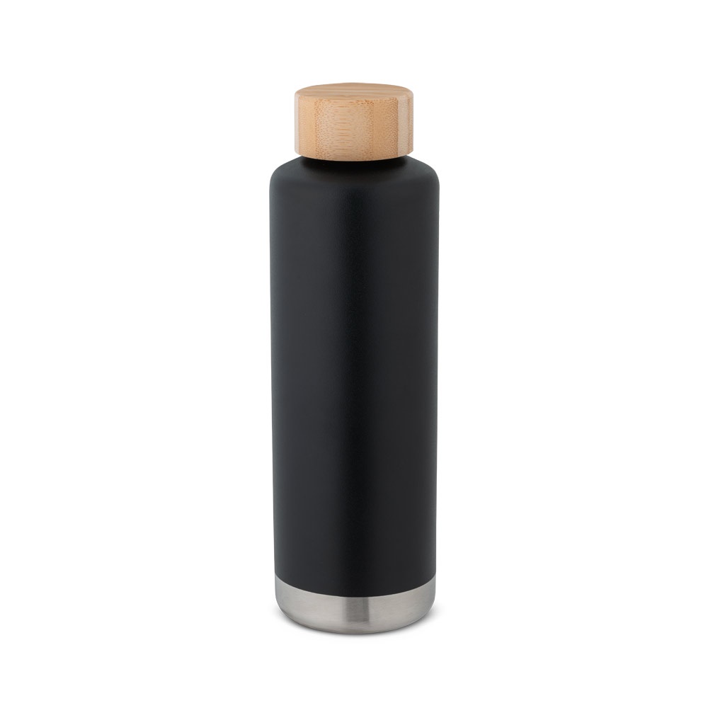 Garrafa térmica em aço inox de parede dupla isolada a vácuo (640 ml) na cor Preto, personalizada com a logo da empresa