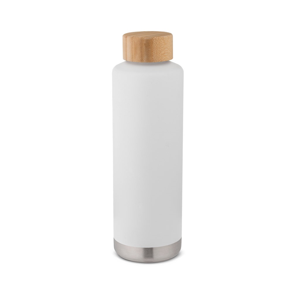 Garrafa térmica em aço inox de parede dupla isolada a vácuo (640 ml) personalizada com a logo da empresa, na cor branco