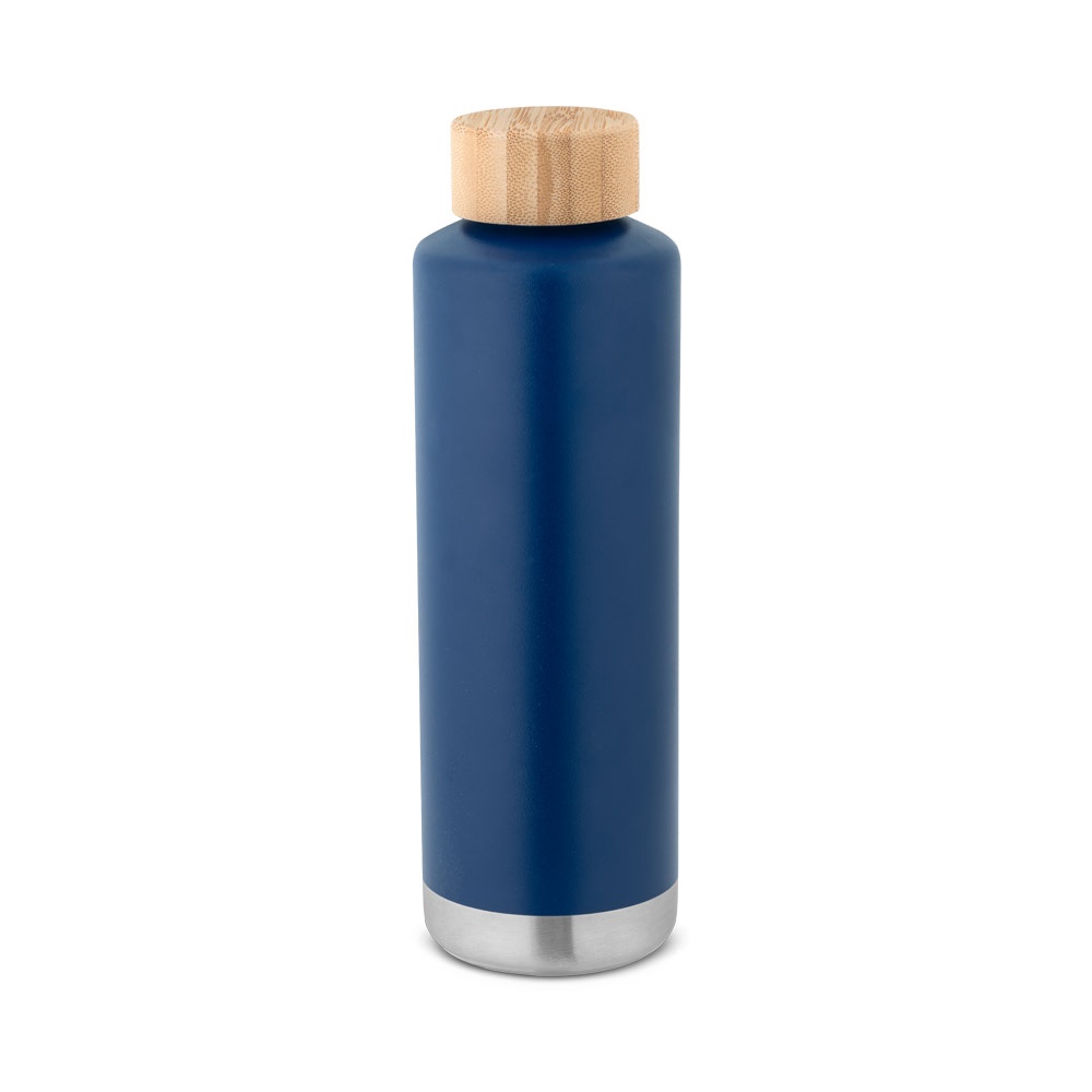 Garrafa térmica em aço inox de parede dupla isolada a vácuo (640 ml) personalizada com a logo da empresa, na cor azul marinho