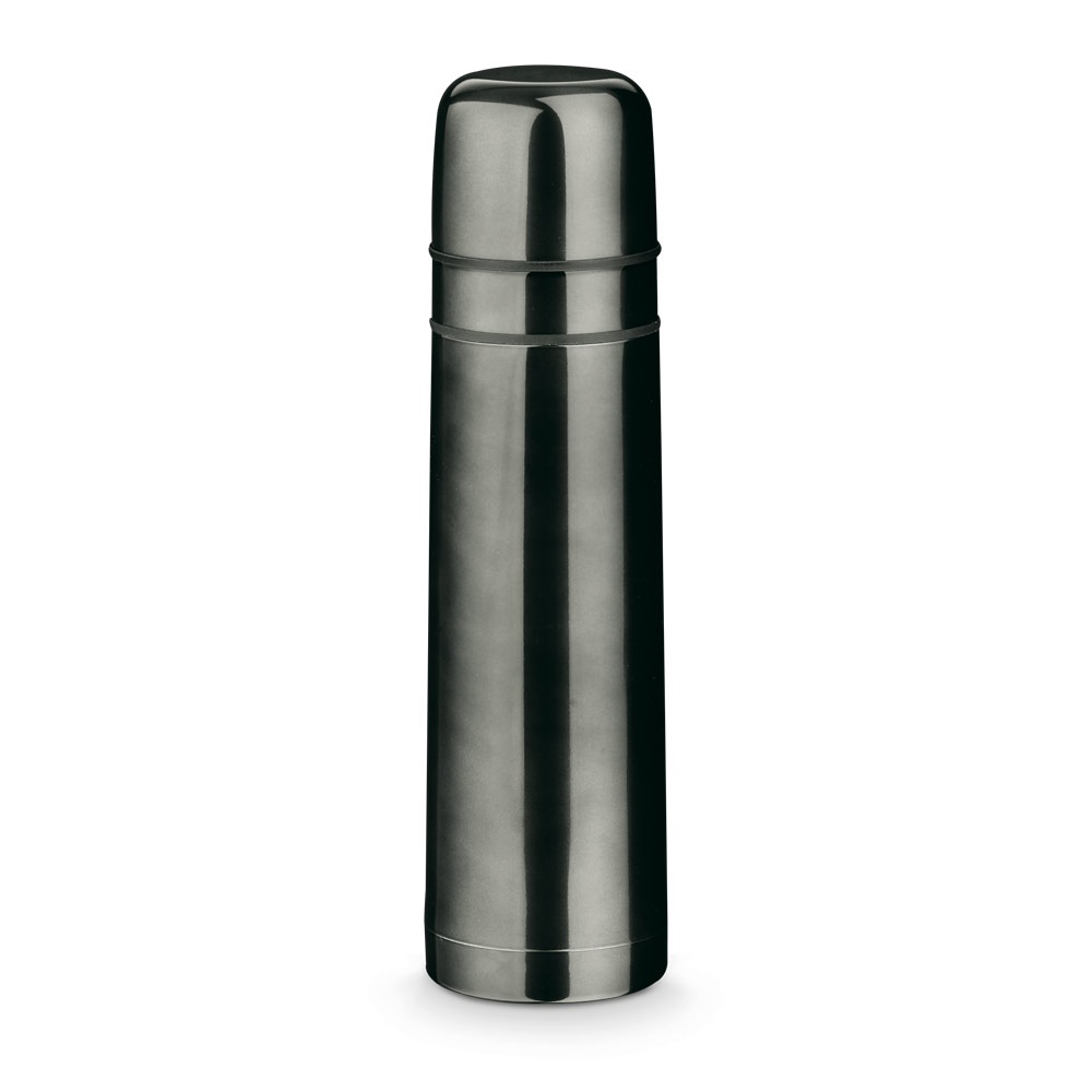 Garrafa em aço inox de parede dupla térmica, isolada a vácuo (750 ml) na cor Chumbo, personalizada com a logo da empresa
