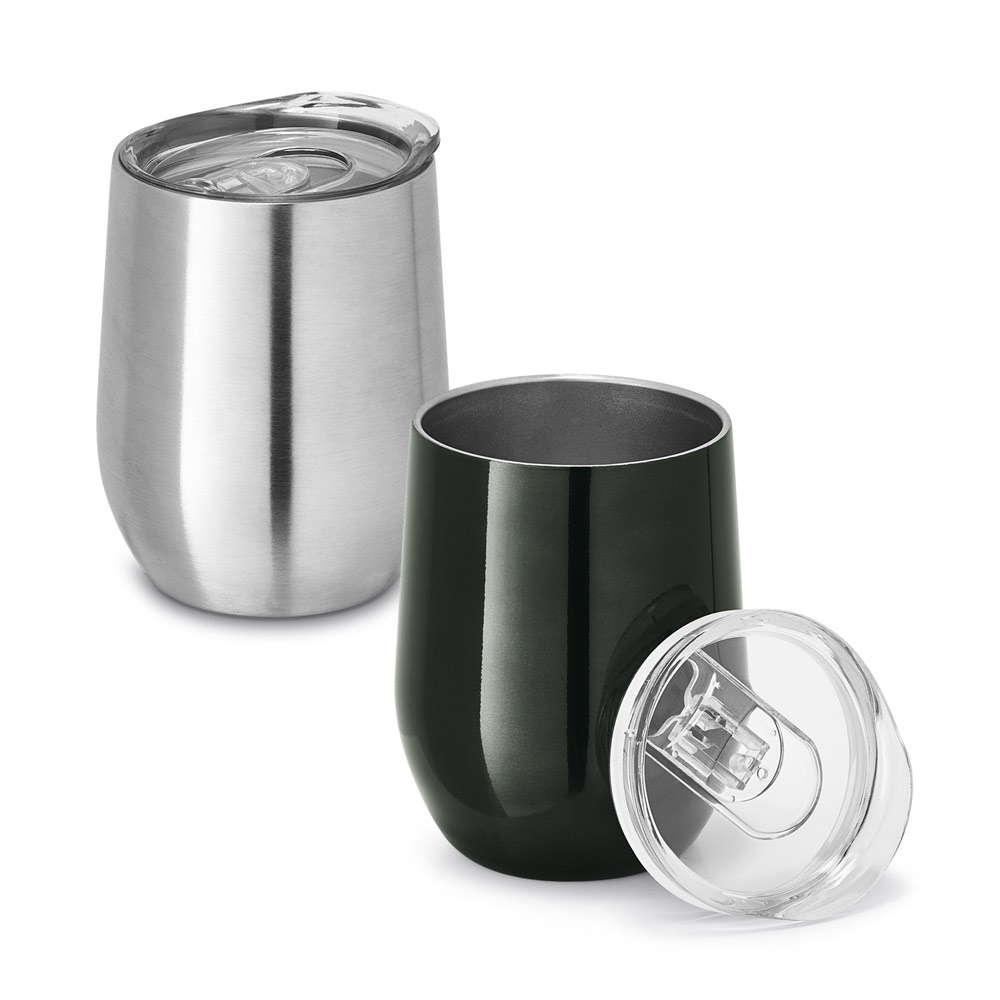 Copo de viagem térmico em aço inox 400 ml de formato arredondado personalizado com a logo da empresa