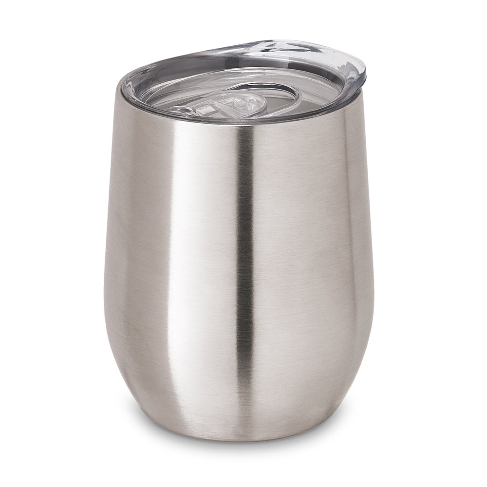 Copo de viagem térmico em aço inox 400 ml de formato arredondado na cor Cromado satinado, personalizado com a logo da empresa