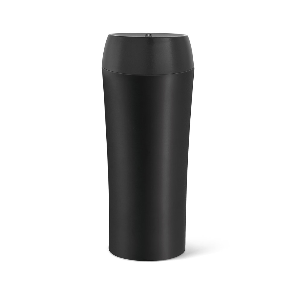Copo de viagem térmico em aço inox 470 ml com tampa antiderrame na cor Preto, personalizado com a logo da empresa