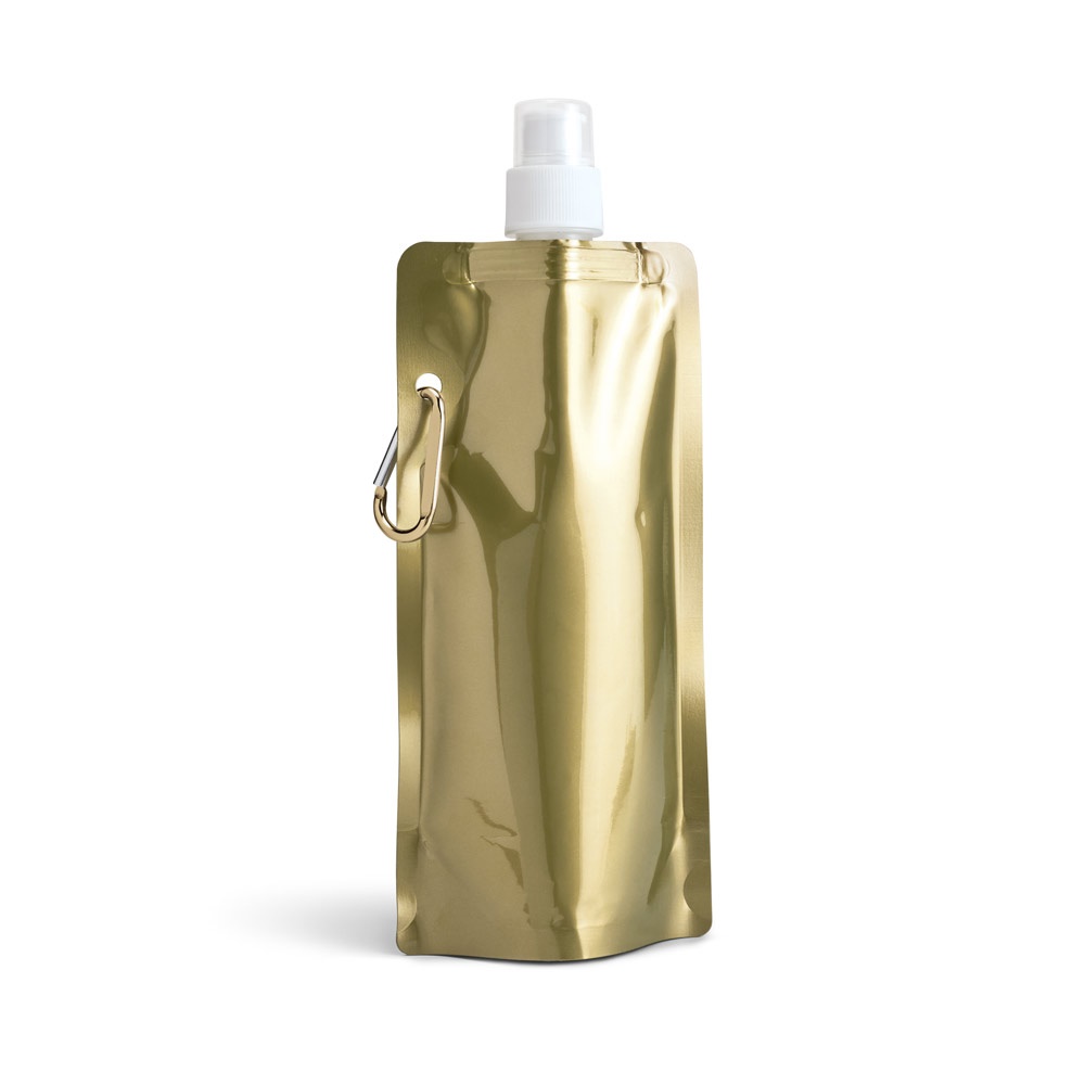 Squeeze dobrável em PE com bico de sistema "push-pull" e acabamento metalizado (460 ml) na cor Dourado satinado, personalizado com a logo da empresa