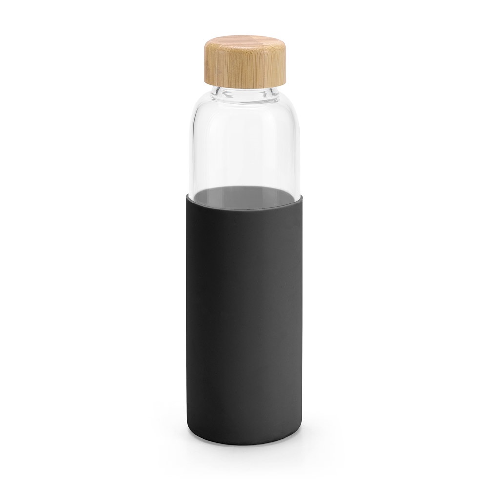 Squeeze em vidro borossilicato com tampa em bambu (600 ml) na cor Preto, personalizado com a logo da empresa