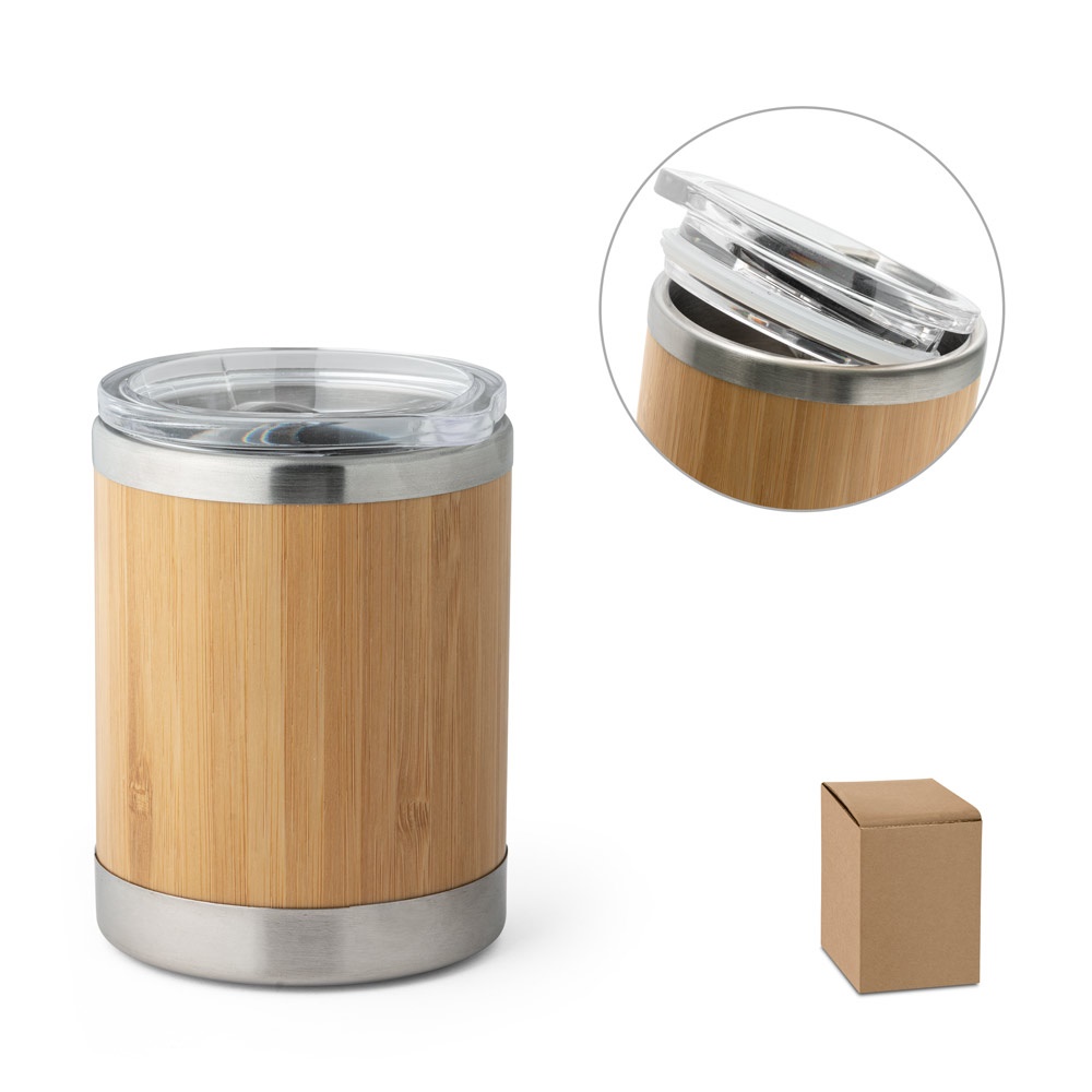 Copo de viagem térmico em aço inox e bambu 350 ml com fecho deslizante personalizado com a logo da empresa