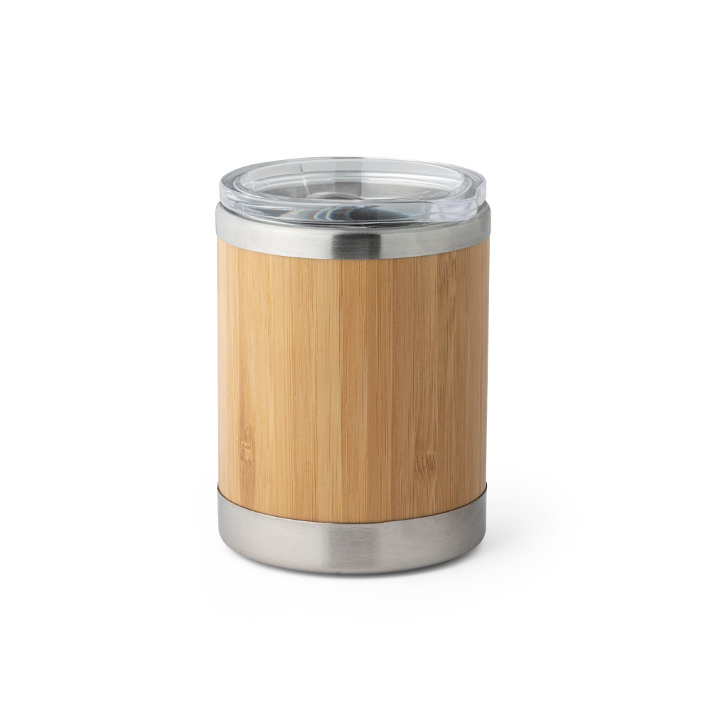 Copo de viagem térmico em aço inox e bambu 350 ml com fecho deslizante