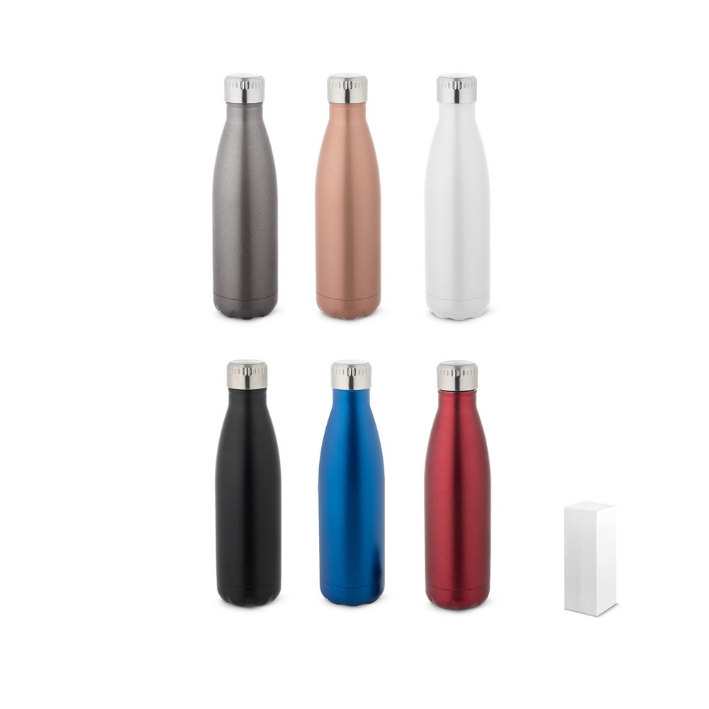 Garrafa térmica em aço inox 500 ml acetinada com tampa de inox personalizada com a logo da empresa