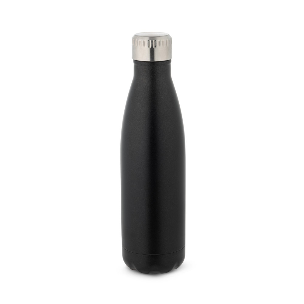 Garrafa térmica em aço inox 500 ml acetinada com tampa de inox na cor Preto, personalizada com a logo da empresa