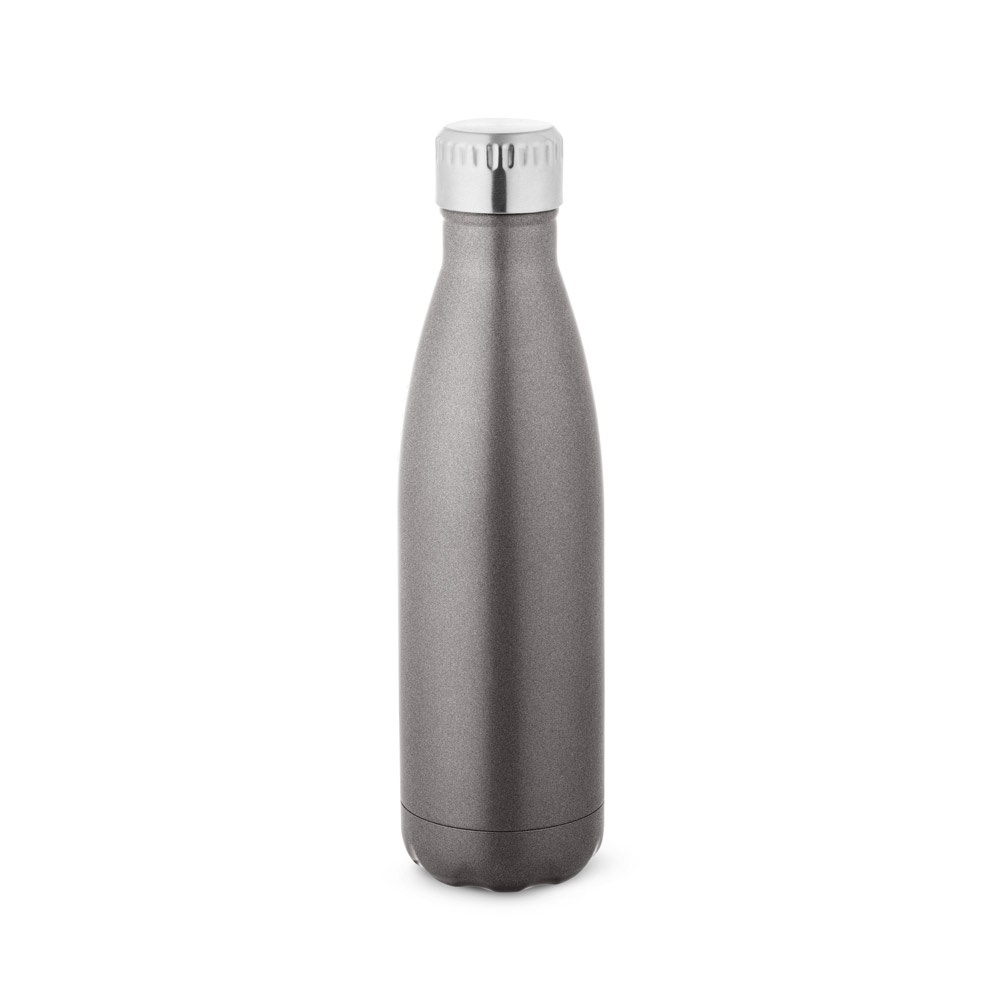 Garrafa térmica em aço inox 500 ml acetinada com tampa de inox personalizada com a logo da empresa, na cor cinza escuro