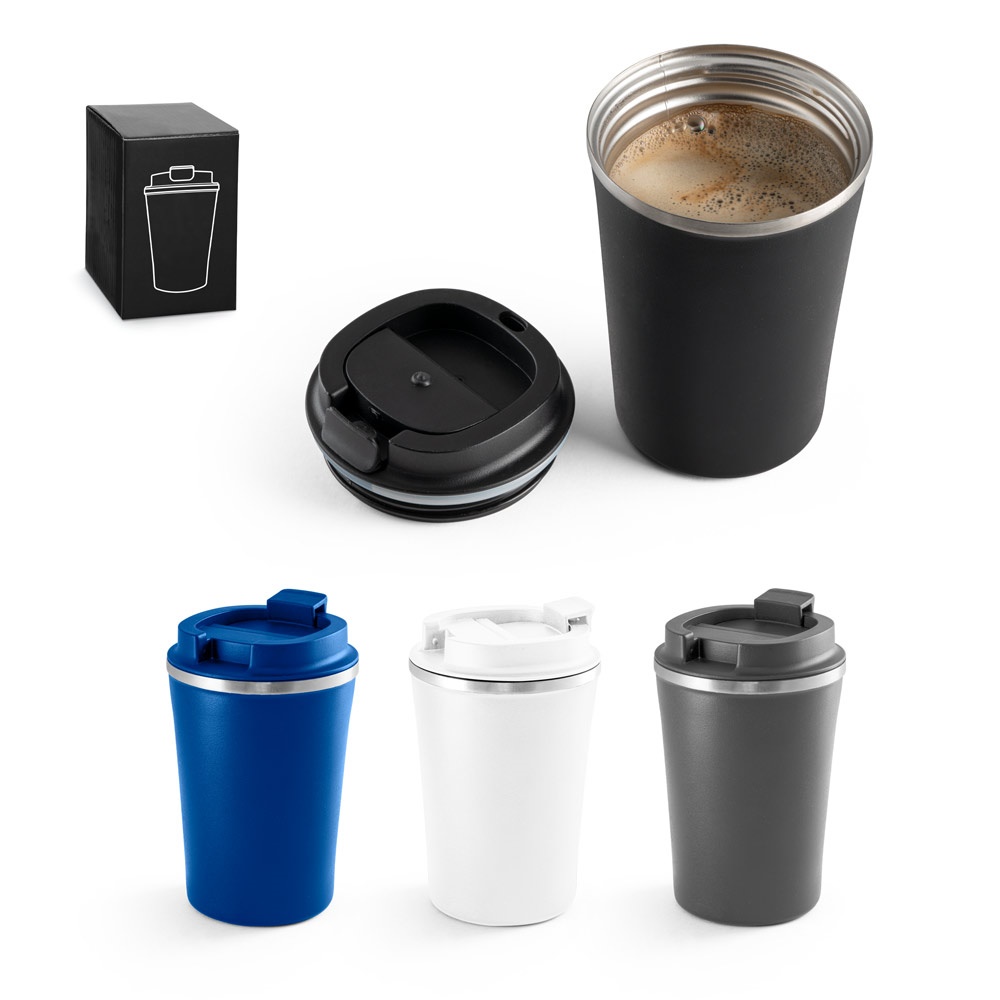 Copo de viagem térmico em aço inox e PP 470 ml isolado a vácuo personalizado com a logo da empresa