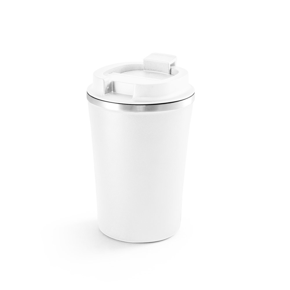 Copo de viagem térmico em aço inox e PP 470 ml isolado a vácuo personalizado com a logo da empresa, na cor branco