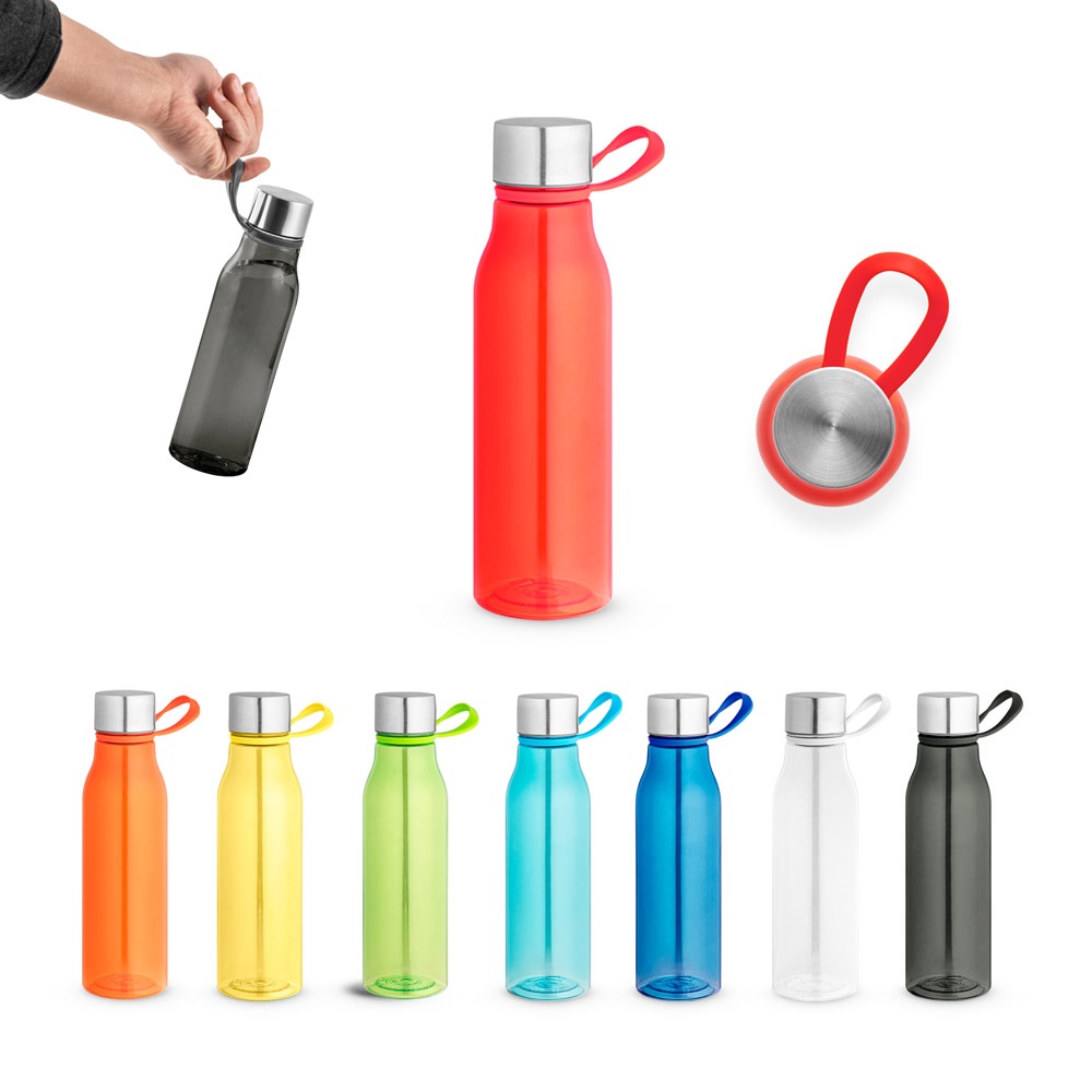 Squeeze em PET 100% reciclado com alça de silicone (590 ml) personalizado com a logo da empresa