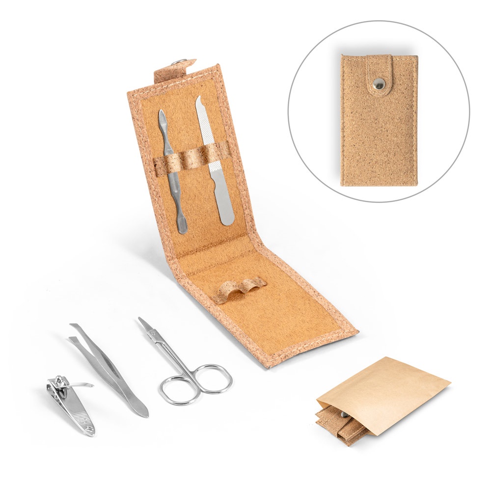 Conjunto de manicure em cortiça com peças em aço inox personalizado com a logo da empresa