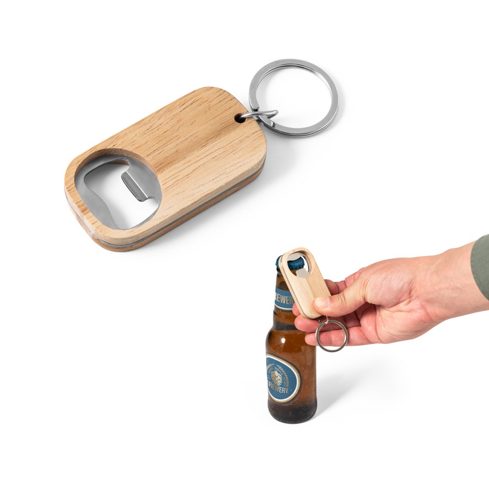 Chaveiro em aço inox e bambu com abridor de garrafas personalizado com a logo da empresa