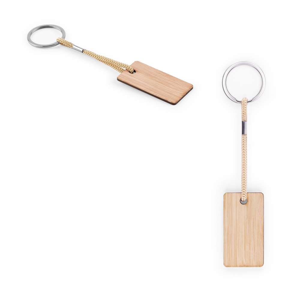 Chaveiro em bambu com cordão em PET personalizado com a logo da empresa