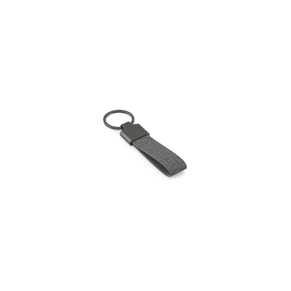 Chaveiro em metal e PET 30% reciclado na cor Cinza escuro, personalizado com a logo da empresa