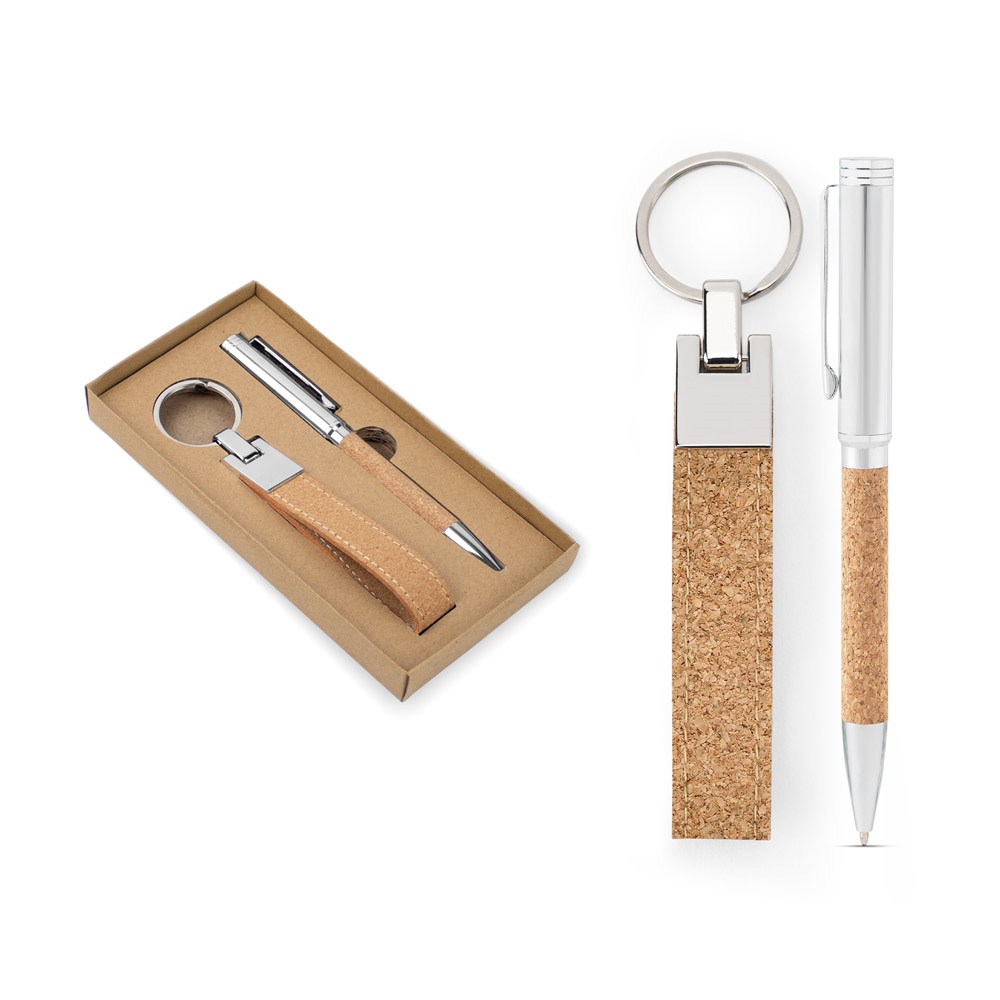 Conjunto de caneta twist e chaveiro em metal e cortiça personalizado com a logo da empresa