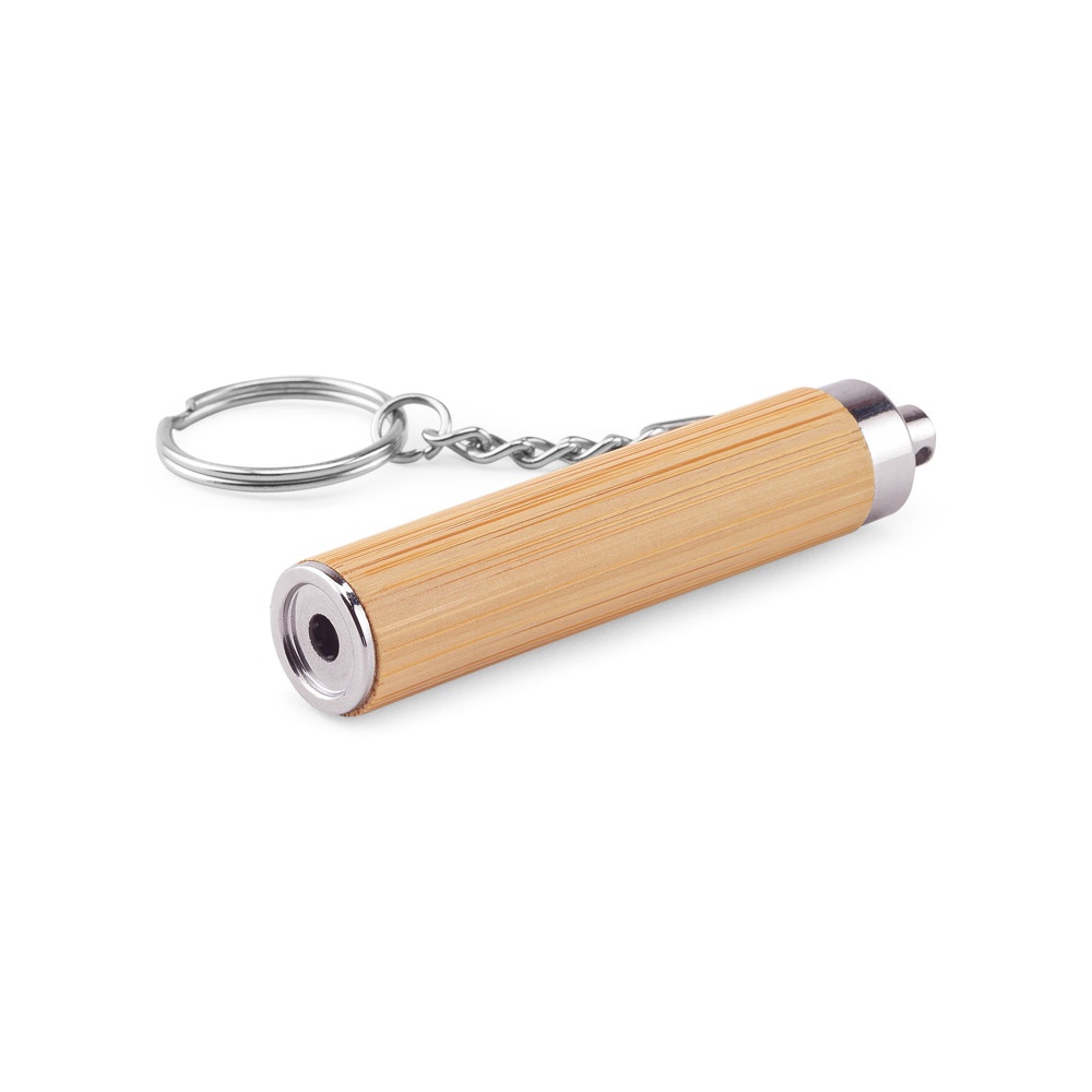 Chaveiro em bambu e ABS com lanterna LED na cor Natural, personalizado com a logo da empresa