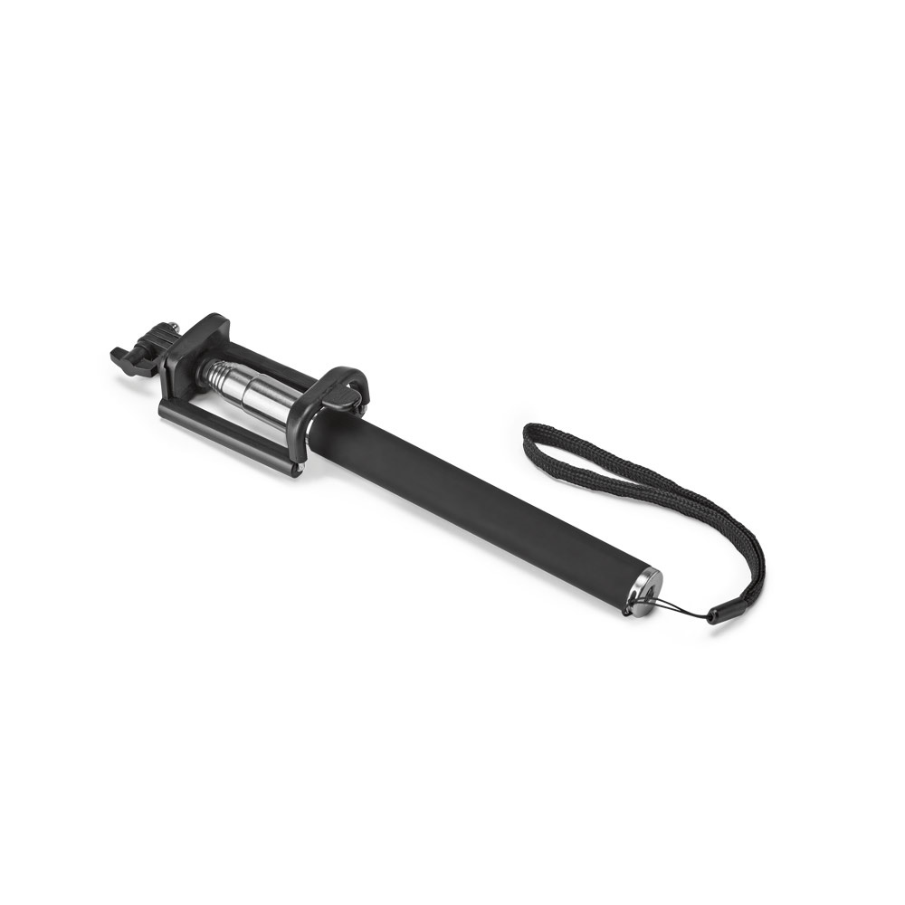 Bastão de selfie de inox na cor Preto, personalizado com a logo da empresa