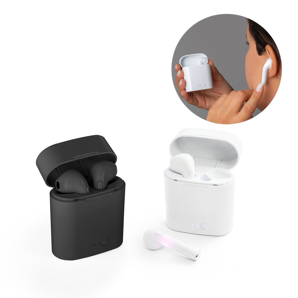 Fone de ouvido wireless com autonomia de 1h50 em ABS e microfone personalizado com a logo da empresa
