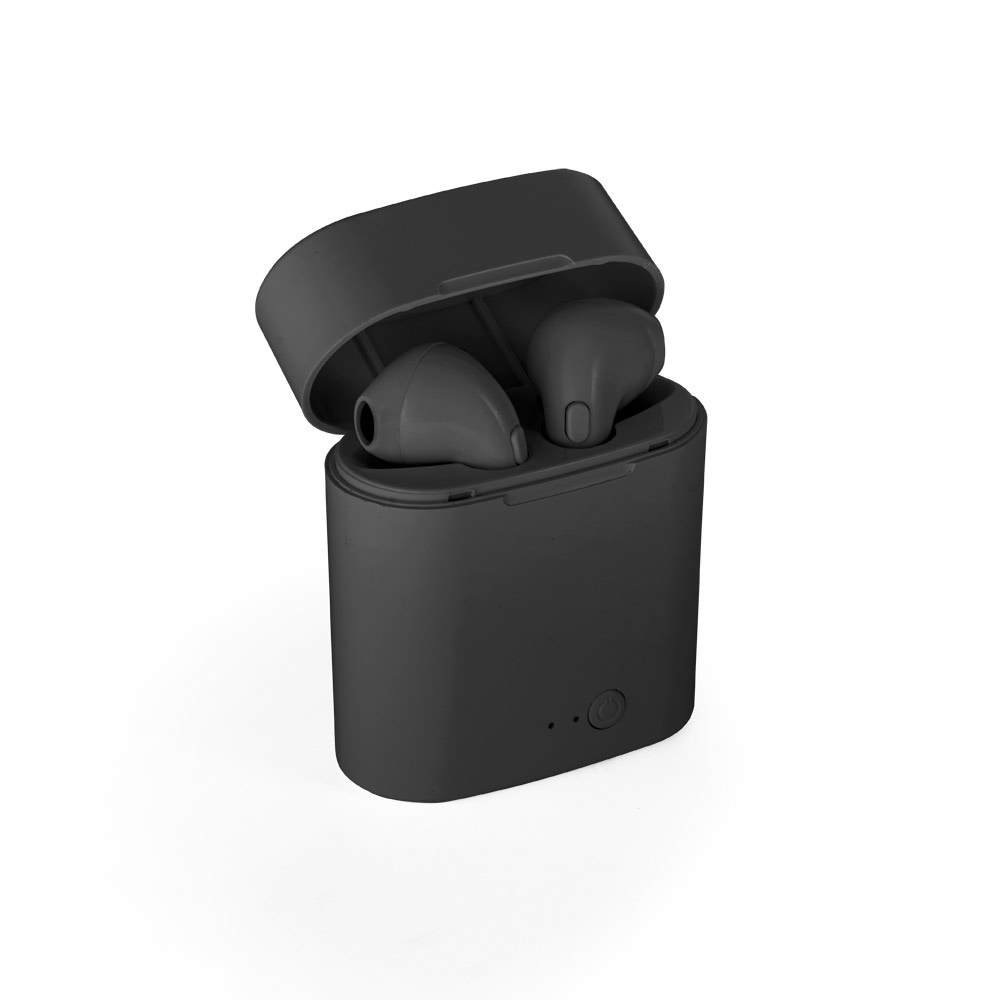 Fone de ouvido wireless com autonomia de 1h50 em ABS e microfone na cor Preto, personalizado com a logo da empresa