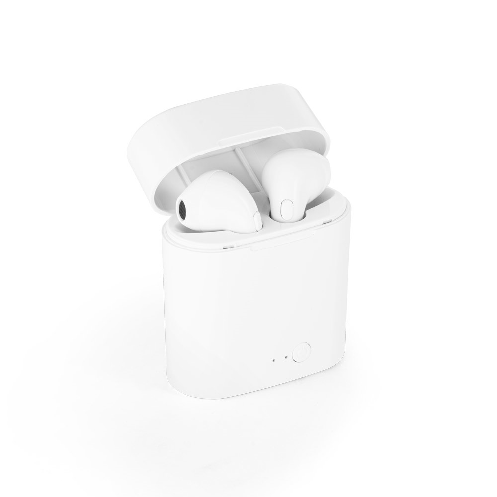 Fone de ouvido wireless com autonomia de 1h50 em ABS e microfone personalizado com a logo da empresa, na cor branco
