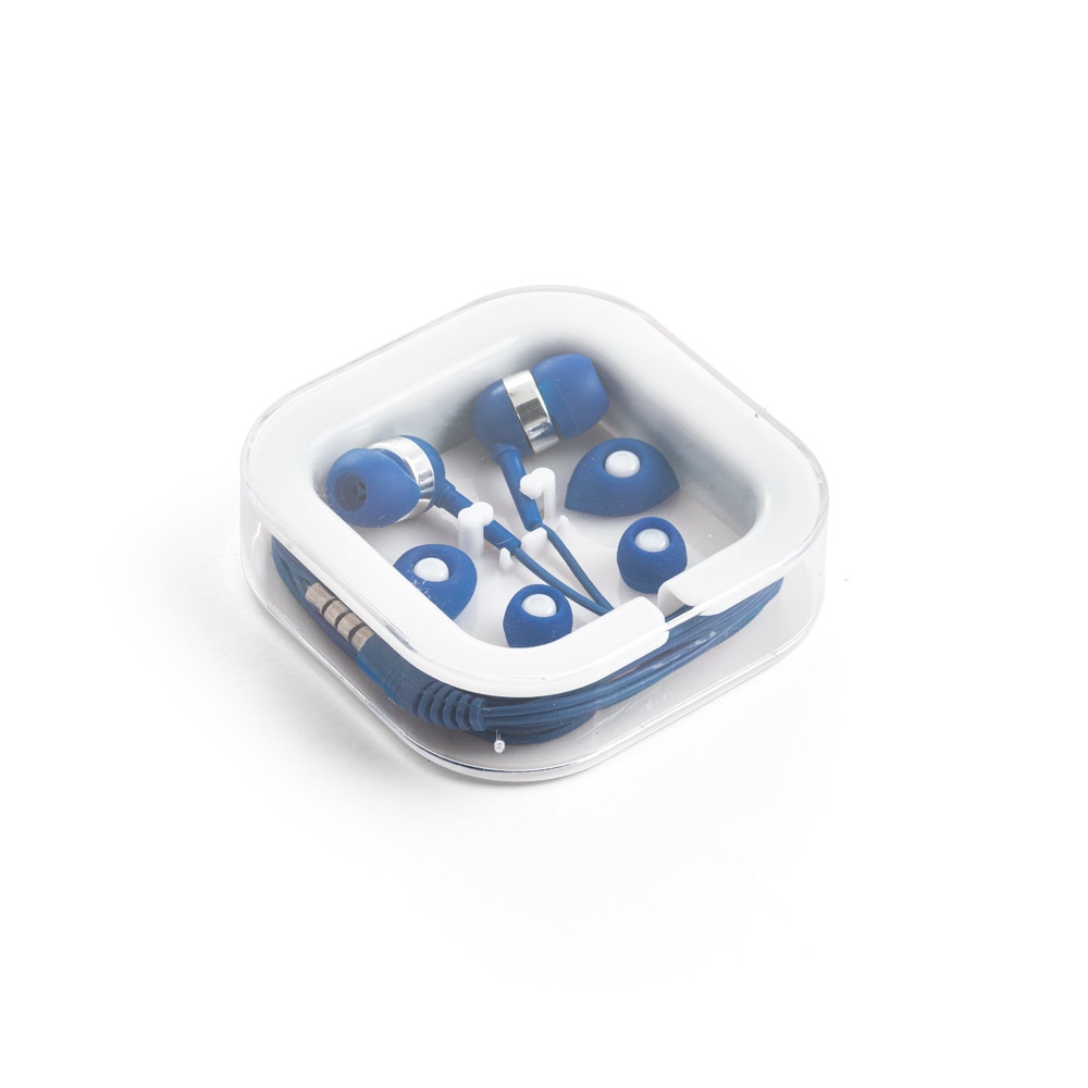 Fone de ouvido de silicone com microfone personalizado com a logo da empresa, na cor azul royal