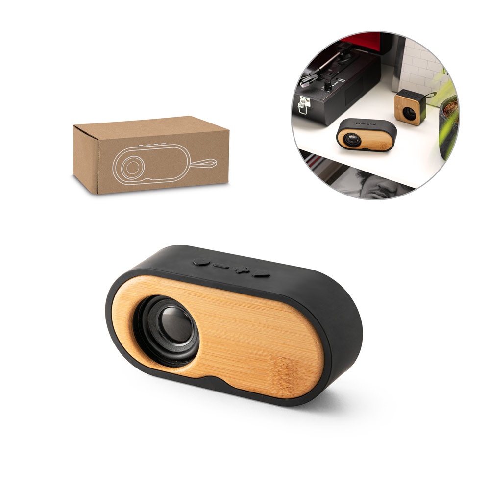 Caixa de som portátil em bambu com autonomia de 5 horas personalizada com a logo da empresa