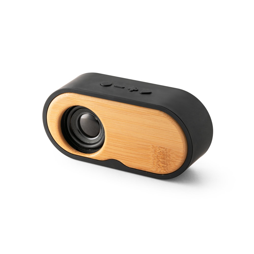 Caixa de som portátil em bambu com autonomia de 5 horas na cor Preto, personalizada com a logo da empresa