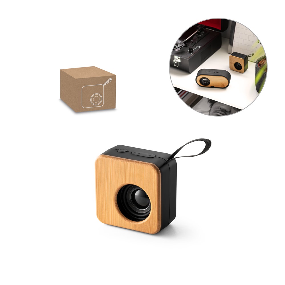 Caixa de som portátil em bambu com autonomia de 4 horas personalizada com a logo da empresa