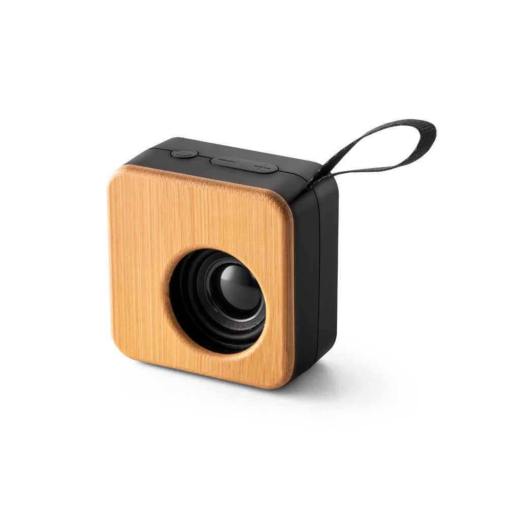 Caixa de som portátil em bambu com autonomia de 4 horas na cor Preto, personalizada com a logo da empresa