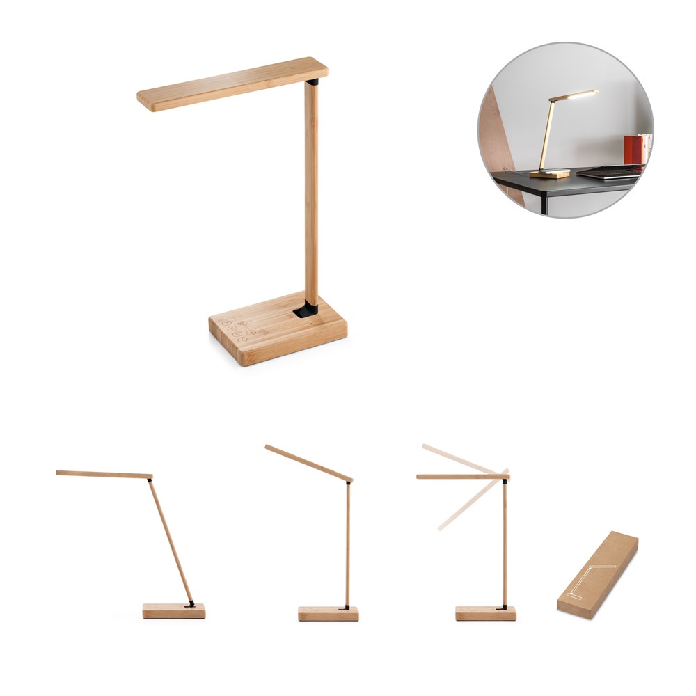 Luminária com carregador por indução super-rápido (15 W), em bambu personalizada com a logo da empresa