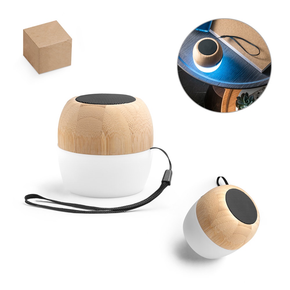Caixa de som portátil em bambu com pega em PP e luzes LED personalizada com a logo da empresa