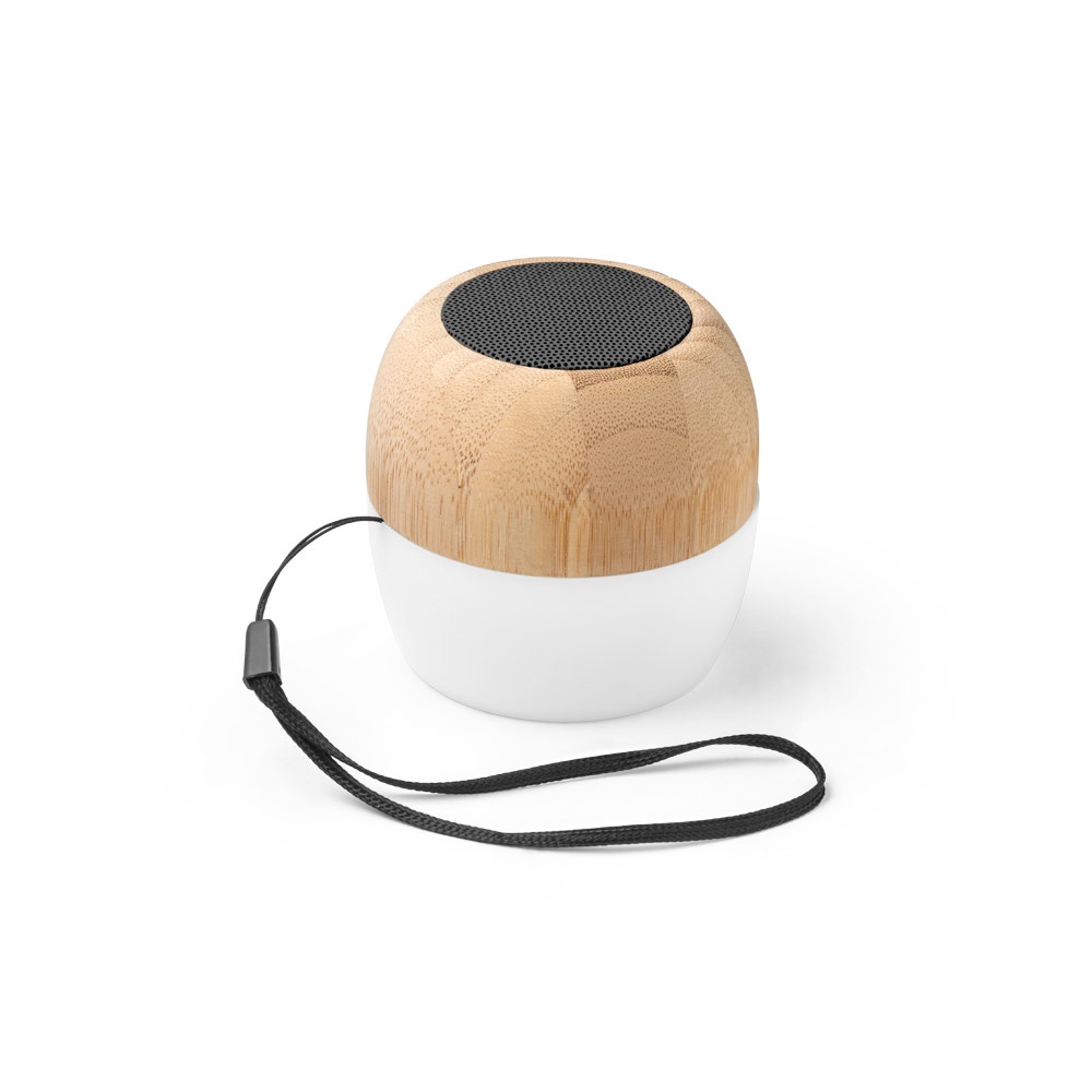 Caixa de som portátil em bambu com pega em PP e luzes LED na cor Natural, personalizada com a logo da empresa