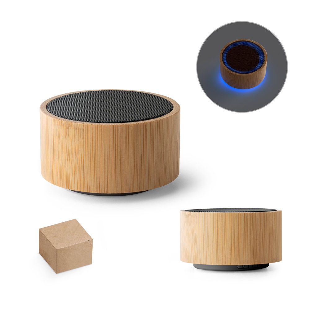 Caixa de som portátil em bambu e ABS com microfone personalizada com a logo da empresa