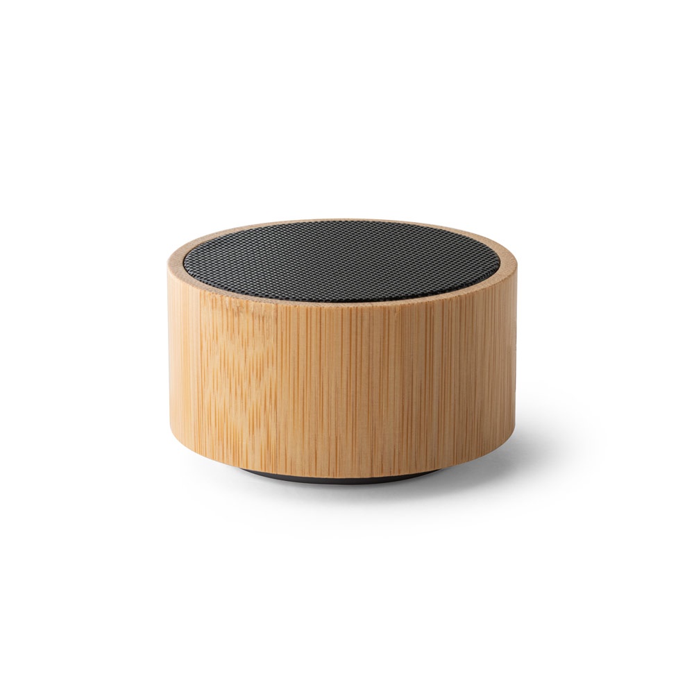 Caixa de som portátil em bambu e ABS com microfone na cor Natural, personalizada com a logo da empresa