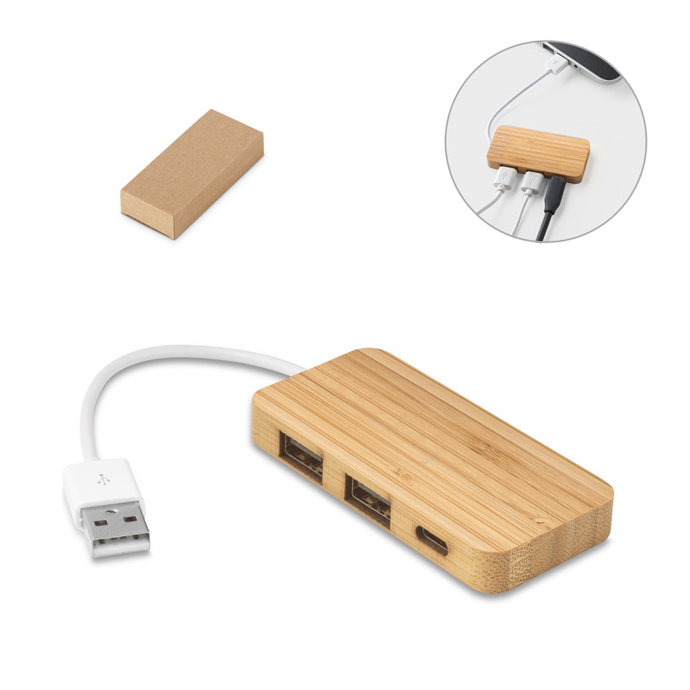 Hub em bambu com 2 portas que permite a transferência de dados, foto 1