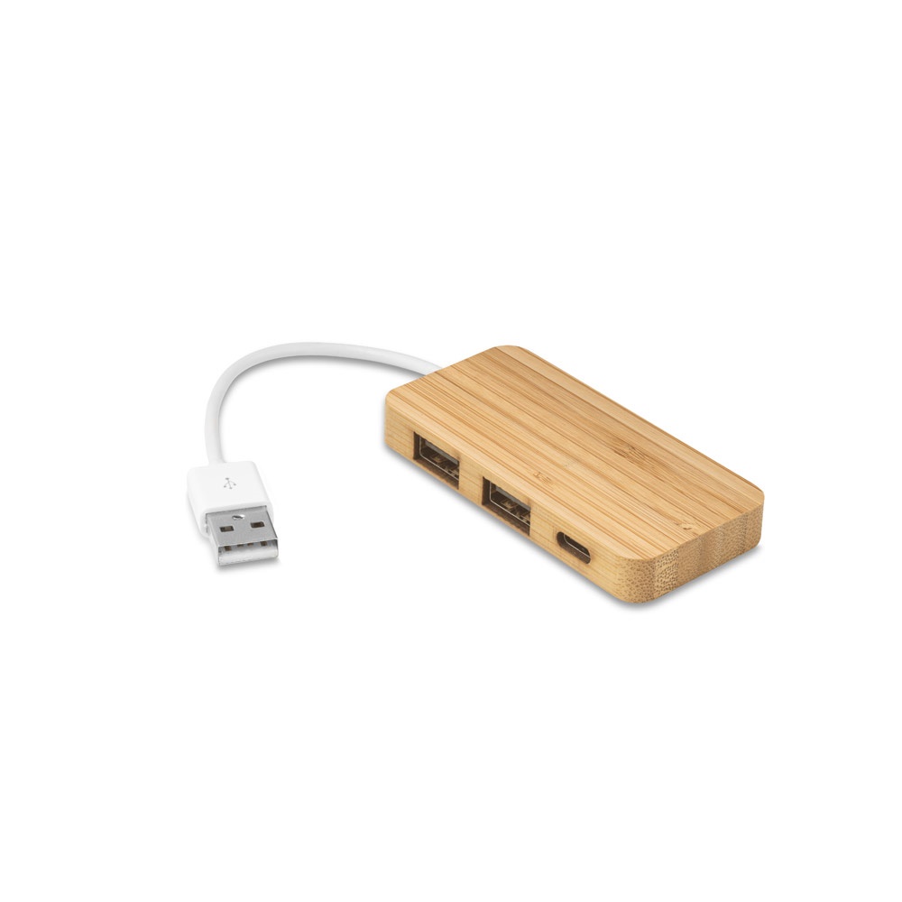 Hub em bambu com 2 portas que permite a transferência de dados na cor Natural, personalizado com a logo da empresa