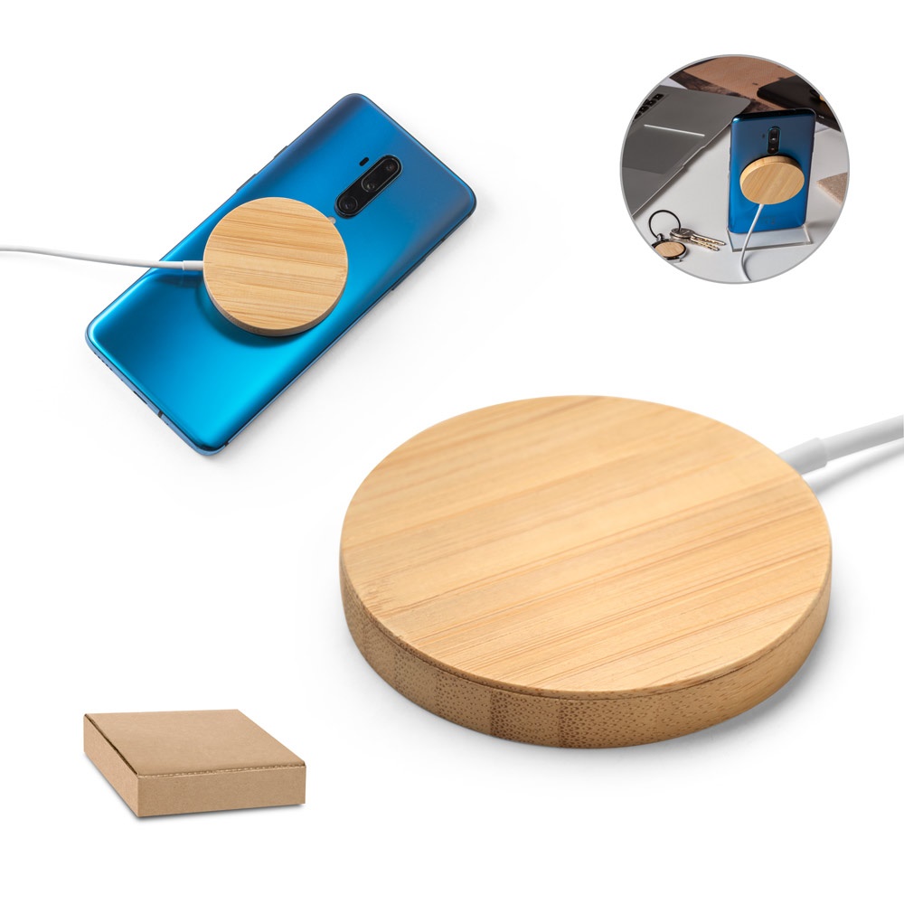 Carregador magnético por indução super-rápido em bambu (15 W) personalizado com a logo da empresa