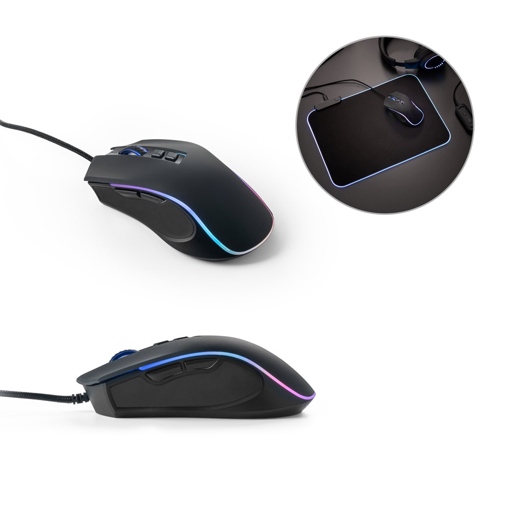 Mouse emborrachado para jogos em ABS com acabamento em borracha personalizado com a logo da empresa